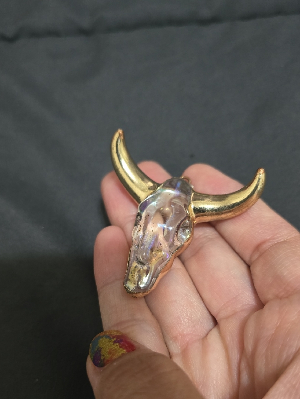 Handcrafted Prismatic Bull Head Skull with Gold-Tone Horns Pendant Charm